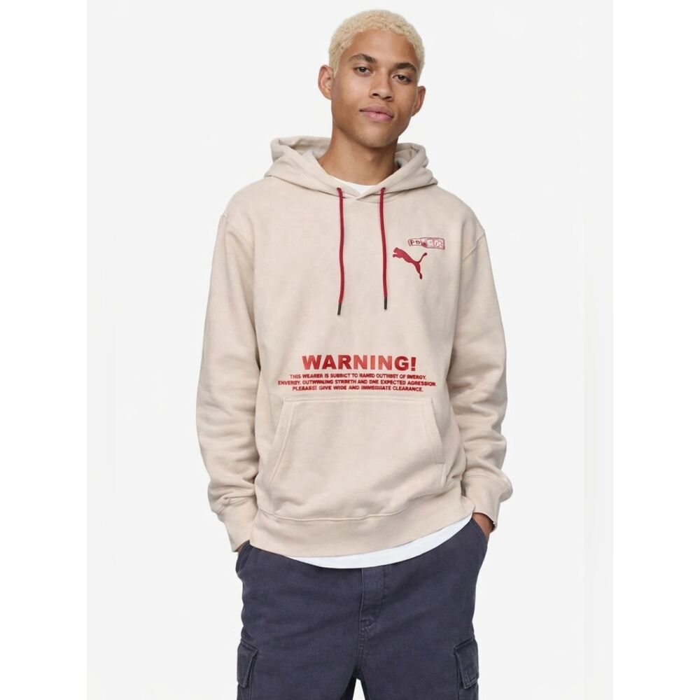 Puma Graphic Hoodie Men’s Small Beige Streetwear Warning Logo Pullover Spicy